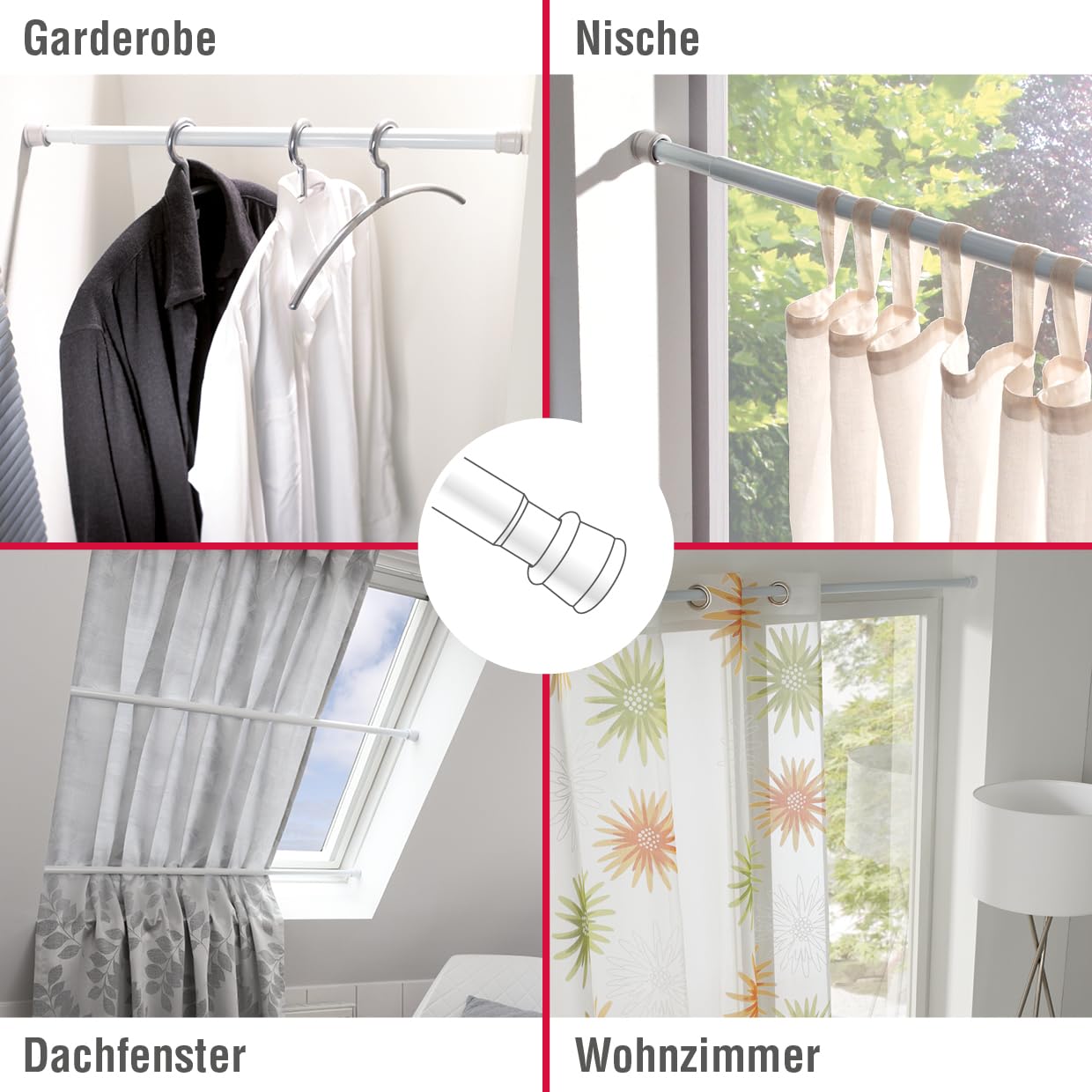 GARDINIA Tension rod, metal rod, extendable, curtain rod without drilling and screws, diameter 23/26 mm, length 130-220 cm, white