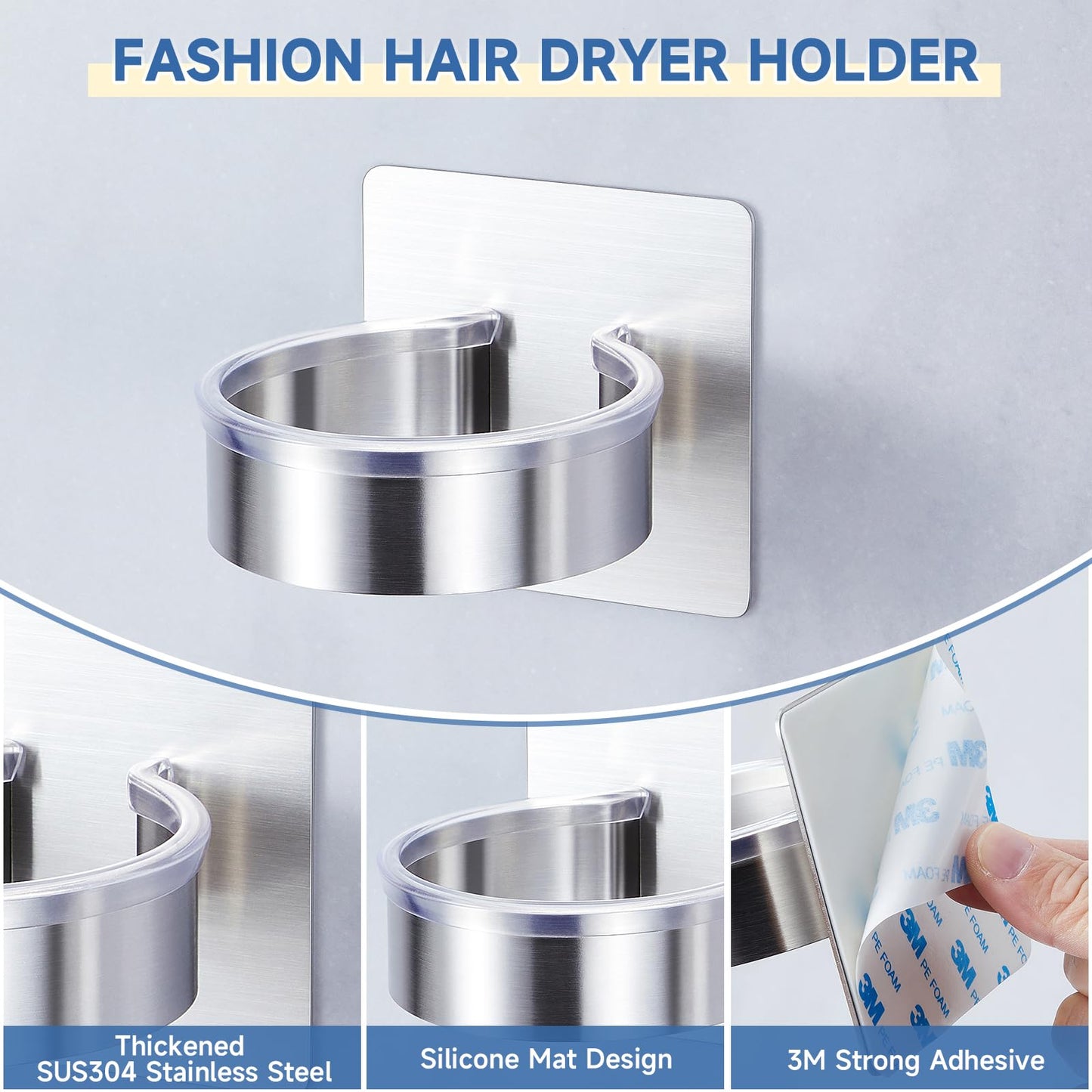 YYBO Hair Dryer Holder Wall Mount, Hairdryer Holder Station for Hair Dryer Storage, Adhesive Hairdryer Stand Rack for Dressing Table Bathroom (Silver)