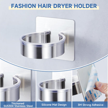 YYBO Hair Dryer Holder Wall Mount, Hairdryer Holder Station for Hair Dryer Storage, Adhesive Hairdryer Stand Rack for Dressing Table Bathroom Silver