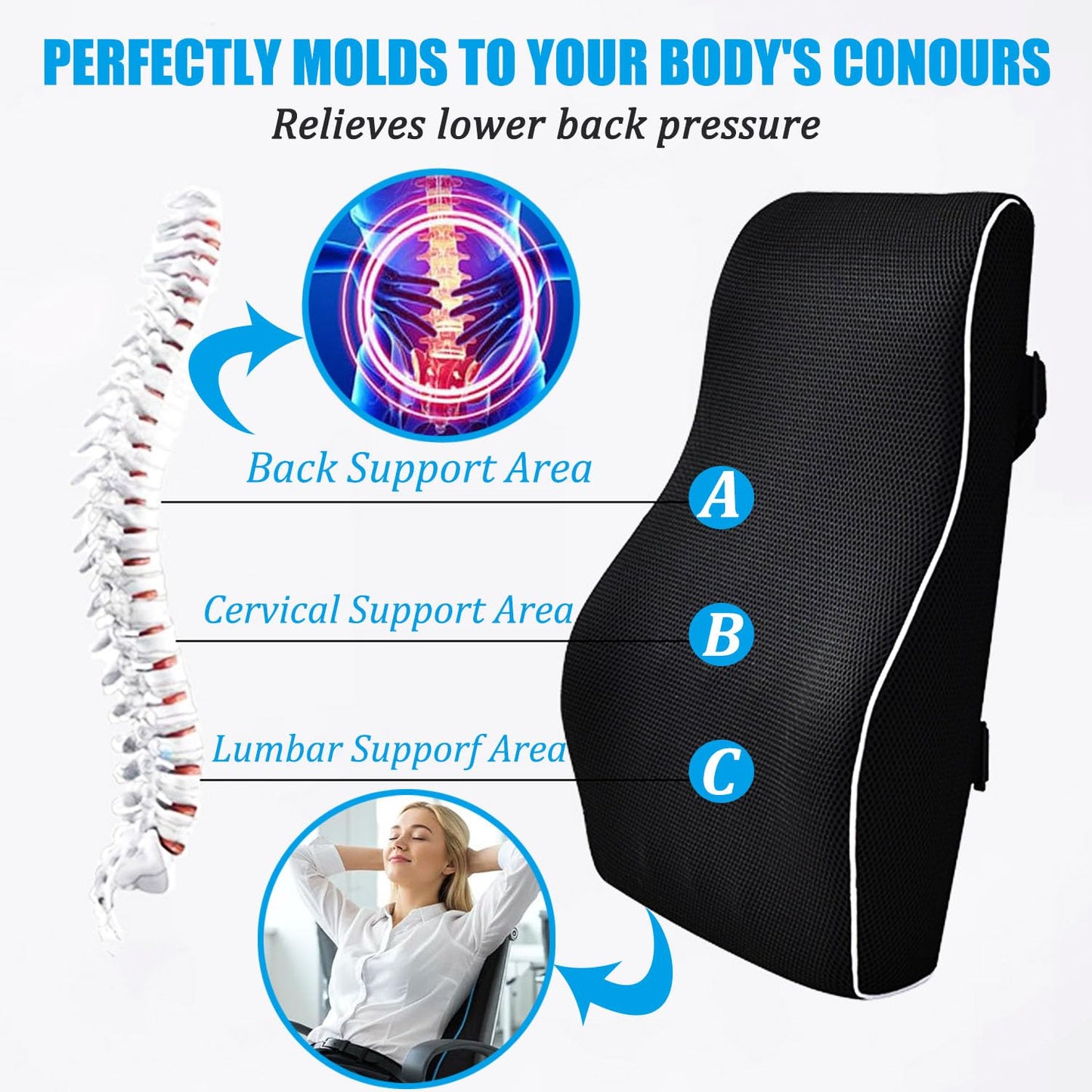 Menmamenma Lumbar Support Pillow for Office Chair Car Memory Foam Back Cushion Large Back Support Pillow for Computer, Gaming Chair