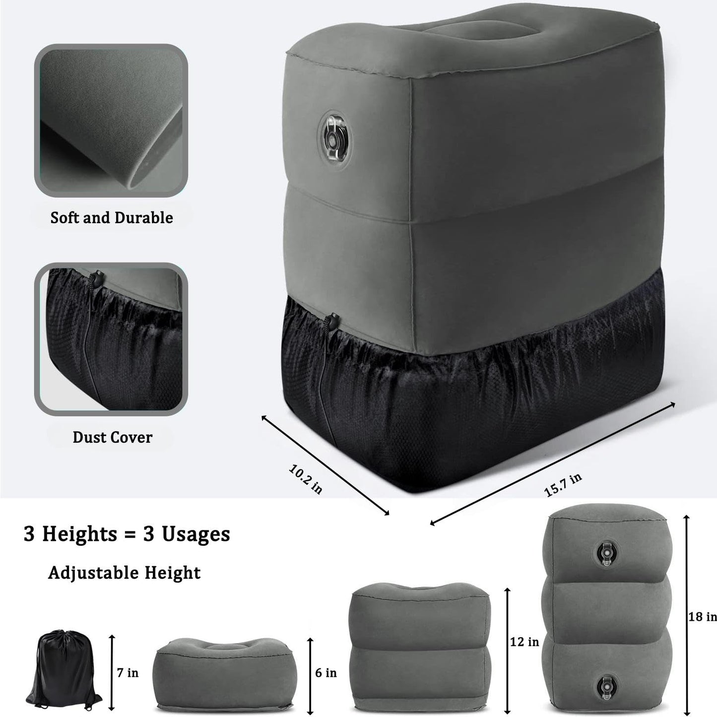 Inflatable Foot Rest Pillow, Airplane Travel Pillow, Multifunctional Adjustable 3 Layers Height Foot Rest