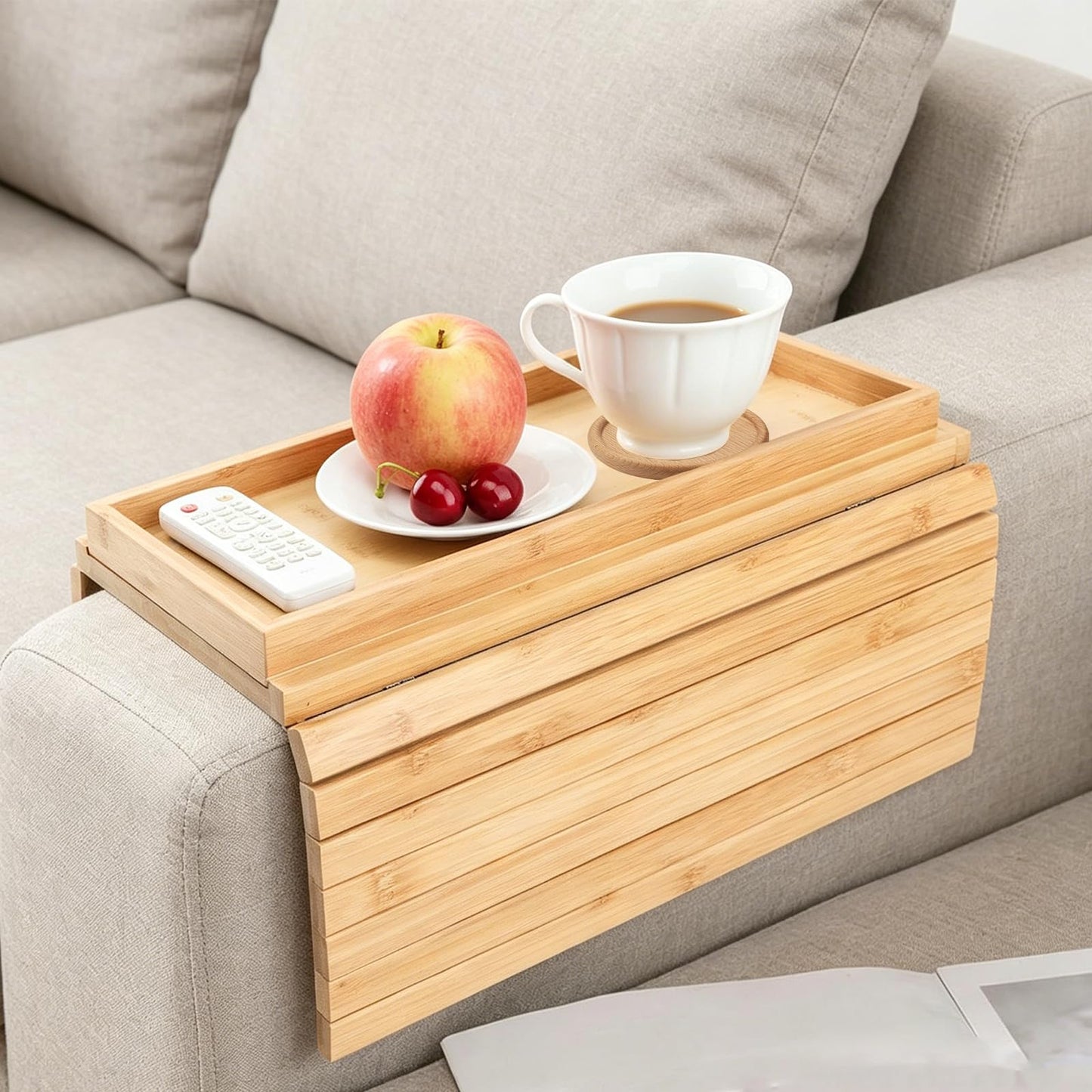 Solid Wood Armrest Tray, Space-Saving Table for Snacks & Drinks, Non-Slip Grooves, Includes 1 Wooden Coaster, Sofa Armrest Organizer