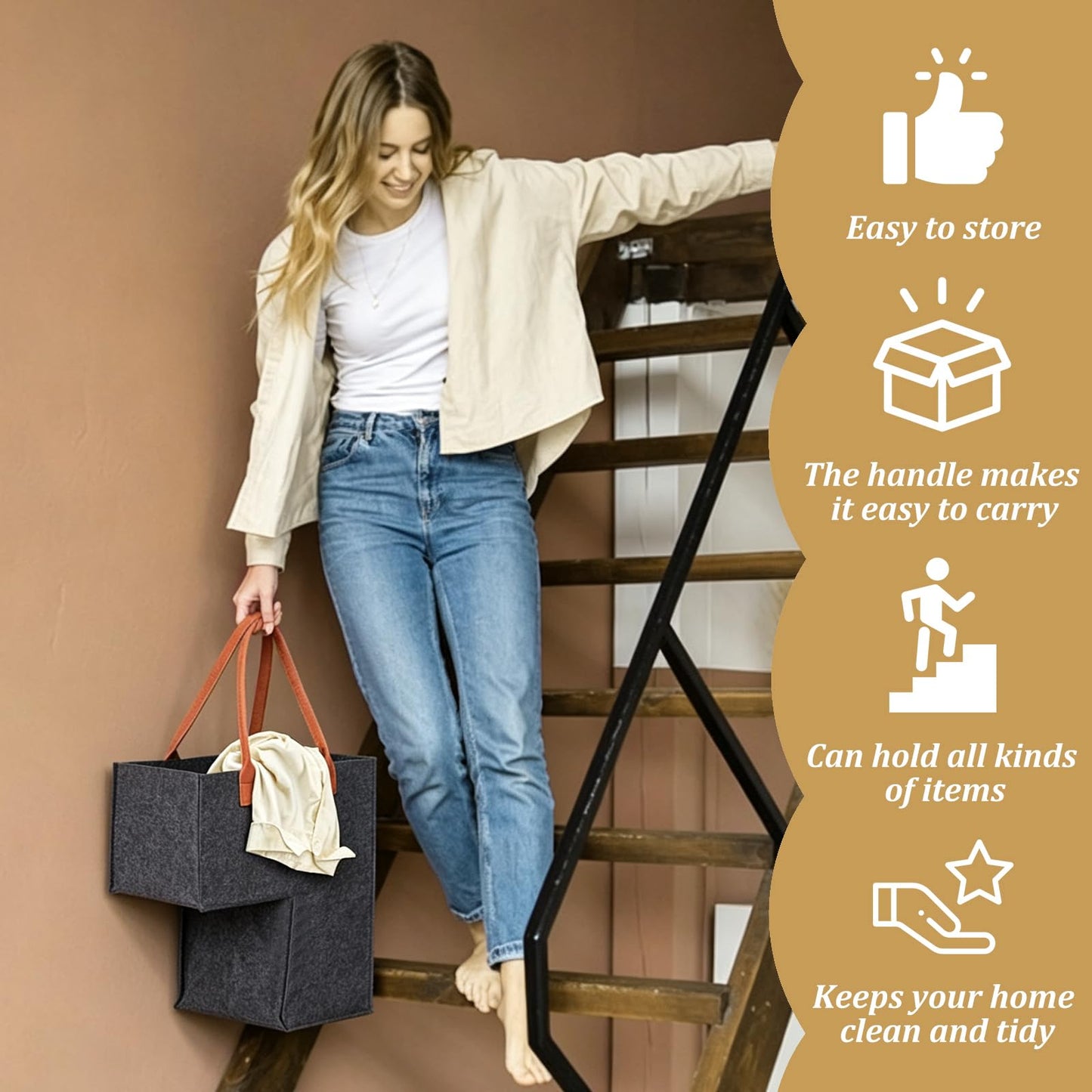 INTERWARM 3Pcs Foldable Stair Basket, Felt Stair Step Storage Bag with Leather Handle