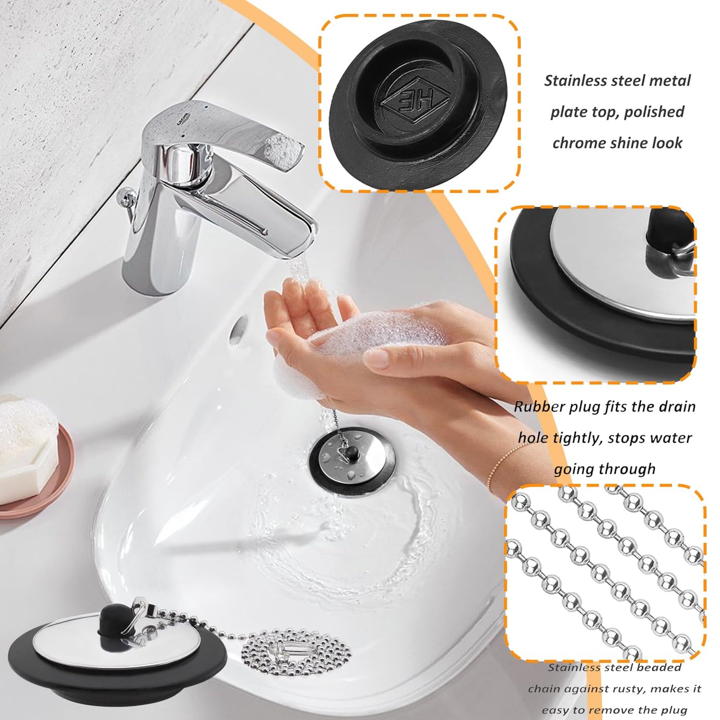 Universal Bath Plug with Stainless Steel Chain, Durable Bath Drain Plug Replacement for Bathtubs, Sinks & Kitchen Basins