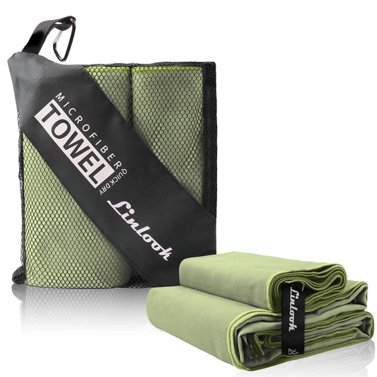 Linlook Microfibre Beach Towel Set (180 x 80 cm Large + 100 x 50 cm Small) - Quick Drying, Compact, Army Green