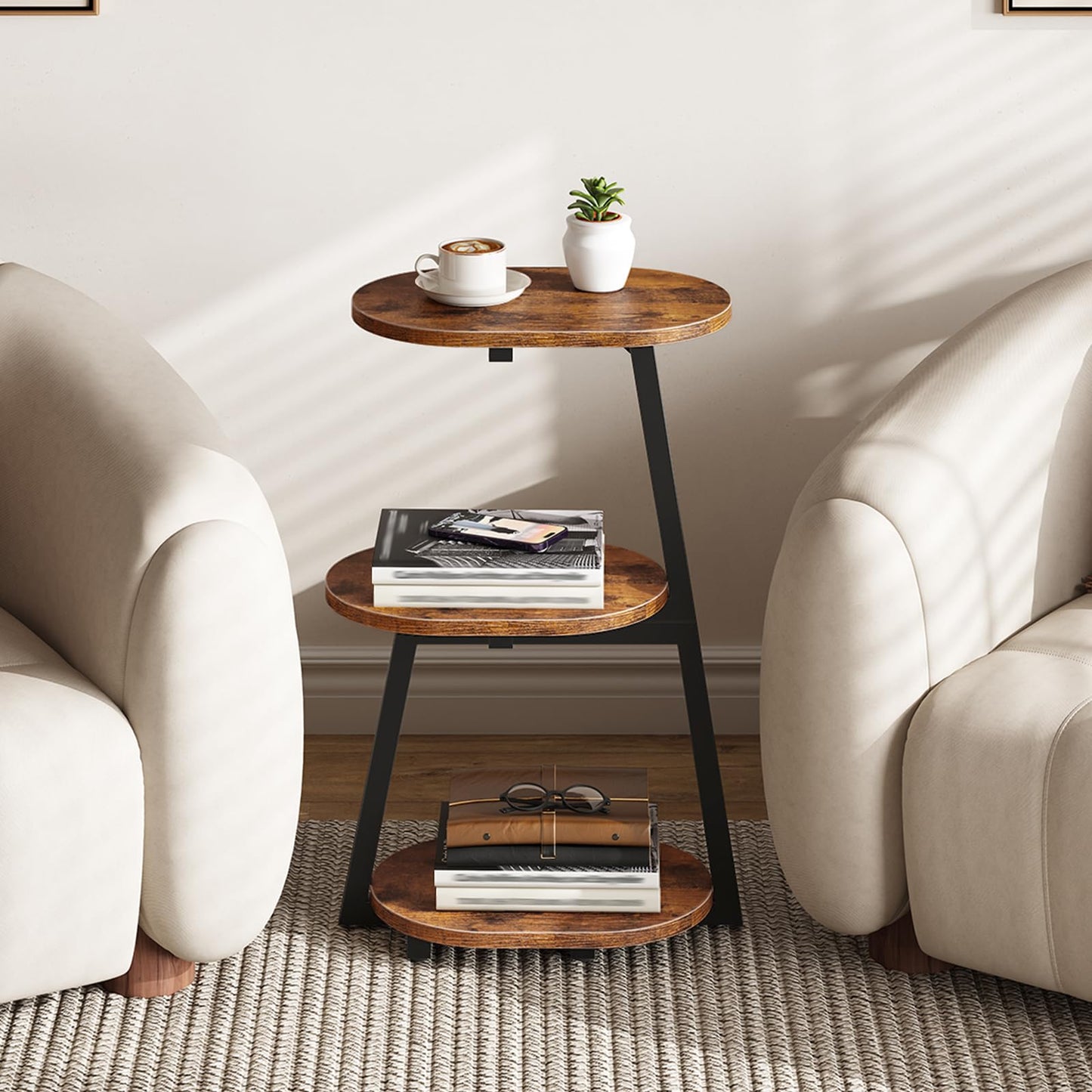 HOOBRO Side Table, Small Coffee Table with Storage Shelves, 3-Tier Oval Sofa Table Bedside Table for Small Space