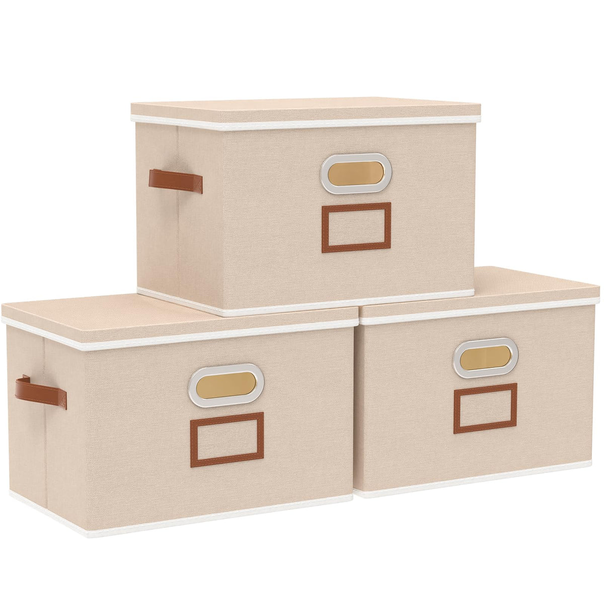 OUTBROS 3 Set Storage Boxes with Lids, Organiser Box 45×30×30cm, Beige