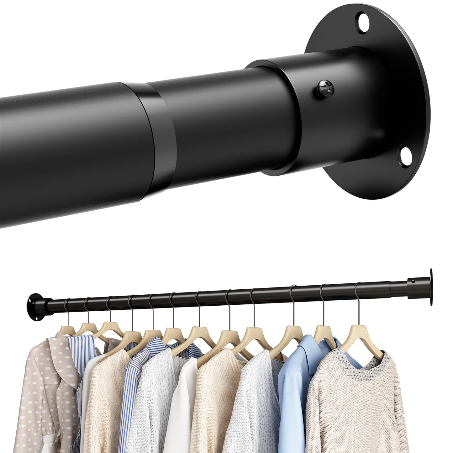 Wardrobe Rails and Fittings, Extendable Clothes Rail, Wardrobe Pole for Wardrobe and Cloakroom, Black, 68-90cm(Diameter 32mm)