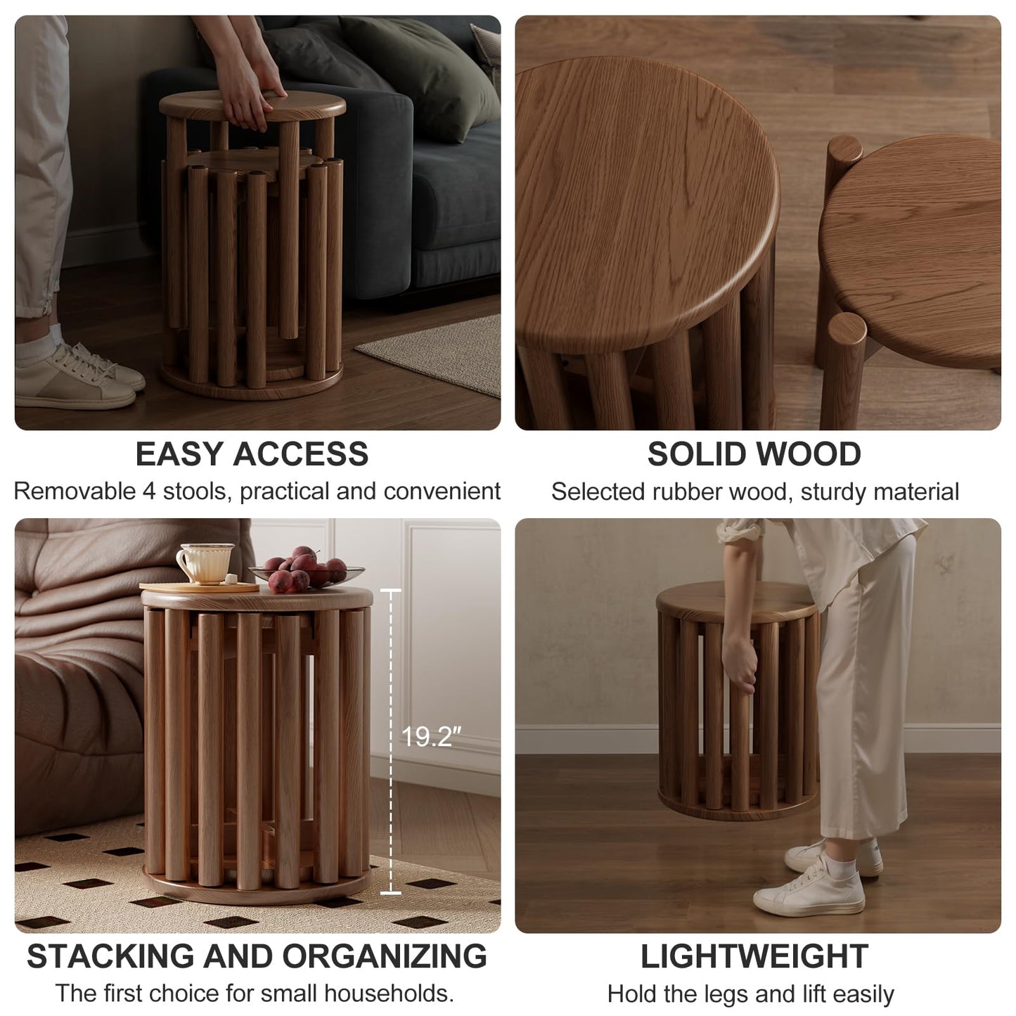 YQJJGL 4PCS Wood Stools, Rustic Stool, Wooden Chair, Kitchen Stools, Stackable Round Stools for Dining Room, Living Room, Classroom, Bedroom