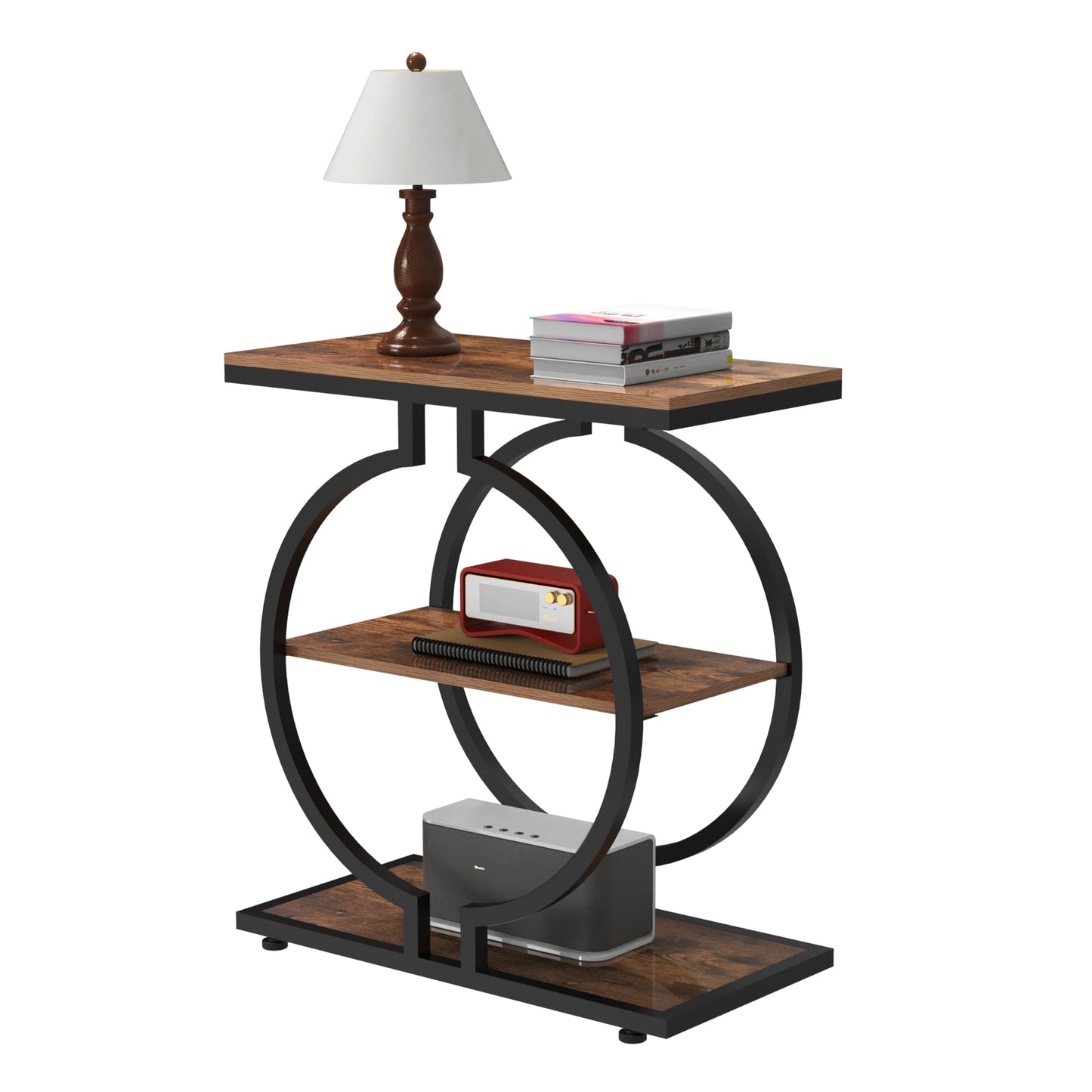 Trironsun Narrow End Table 3-Tier Round Side Table with Geometric O-Shaped Base Industrial Small Sofa Table for Living Room Slim Bedside Table