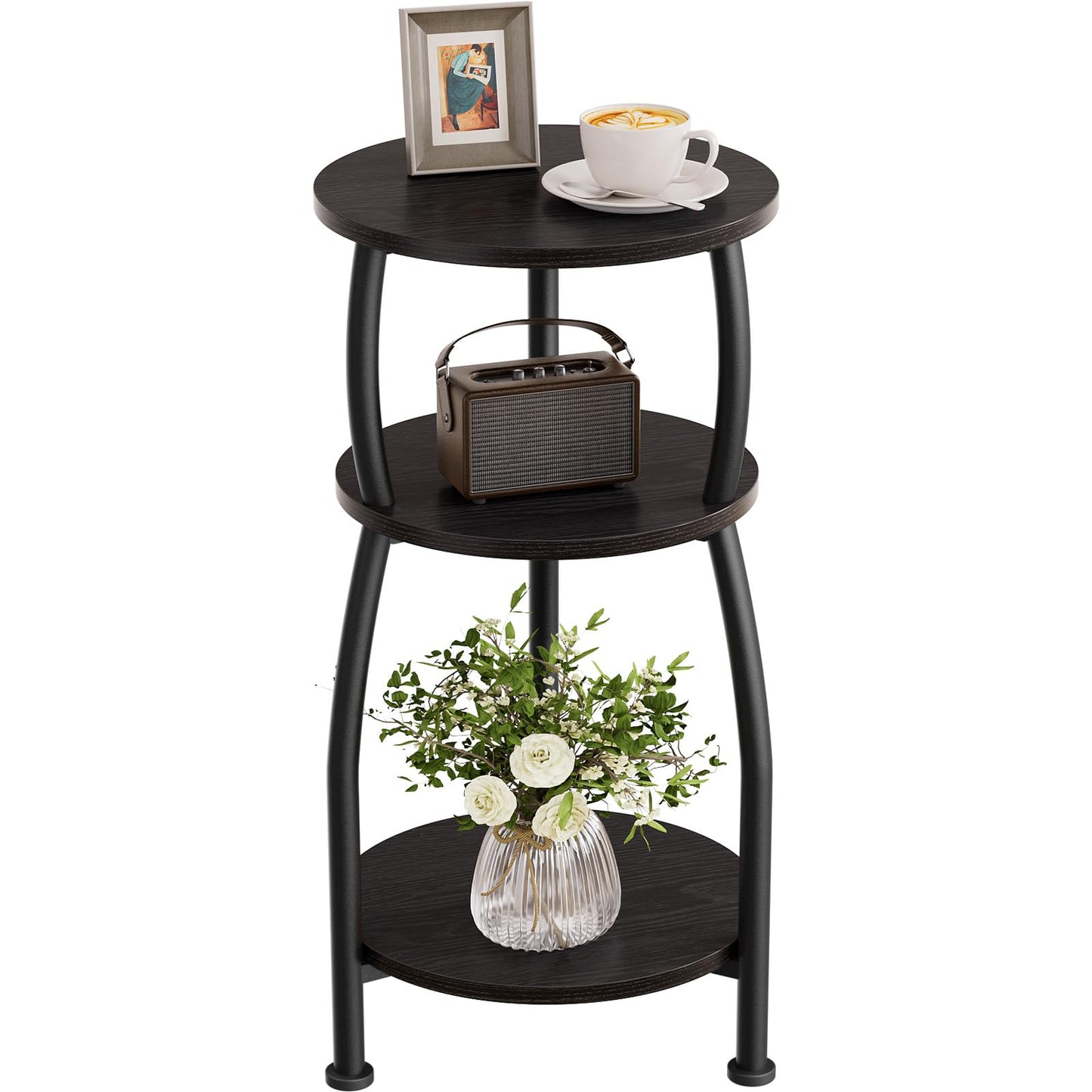 Yuede Round Side Table, 3 Tier Slim Round Coffee Table, Small End Table with Storage Shelf, Bedside Table, for Living Room, Bedroom, Small Space