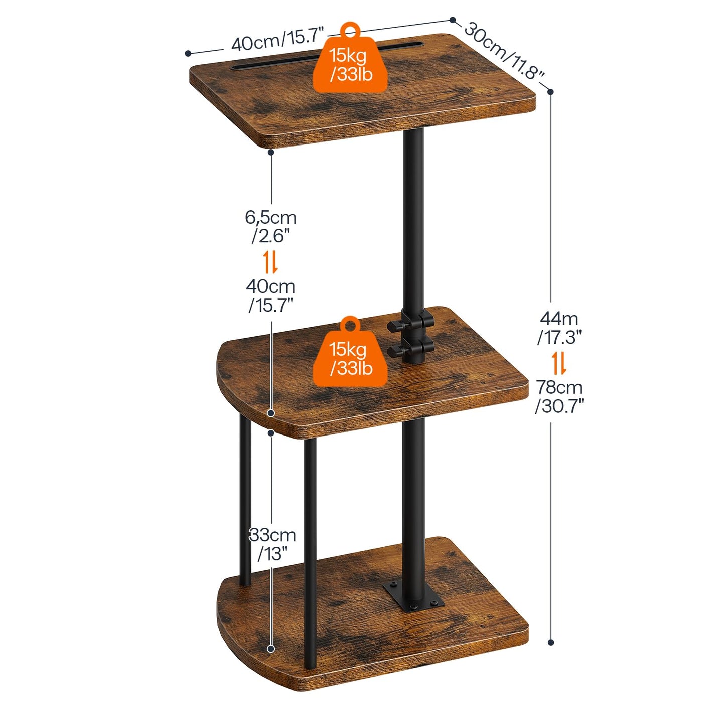 HOOBRO 3-Tier Side Table, Adjustable Height Sofa Table, C Shaped Side Table with 360° Swivel Tabletop and Tablet Slot