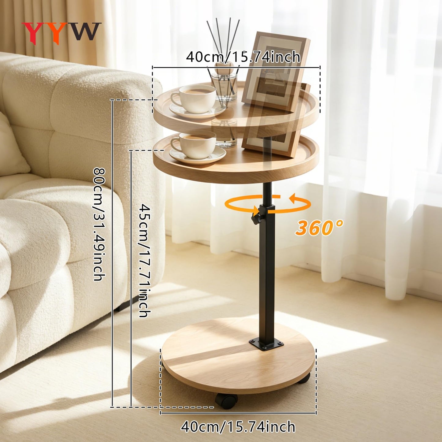 YYW C Shaped End Table Adjustable Height, Couch Tables That Slide Under for Small Spaces, 360°Swivel TV Tray Table