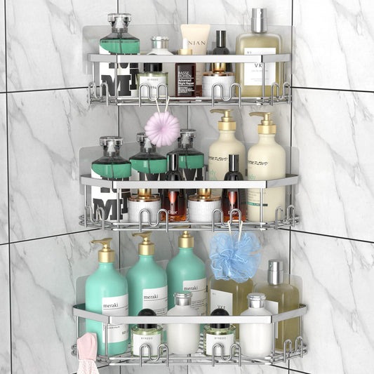 STEUGO Corner Shower Caddy, 3 Pack Adhesive Shower Corner Organizer Shelves, No Drilling Stainless Steel Shower Storage Rack with 12 Hooks for