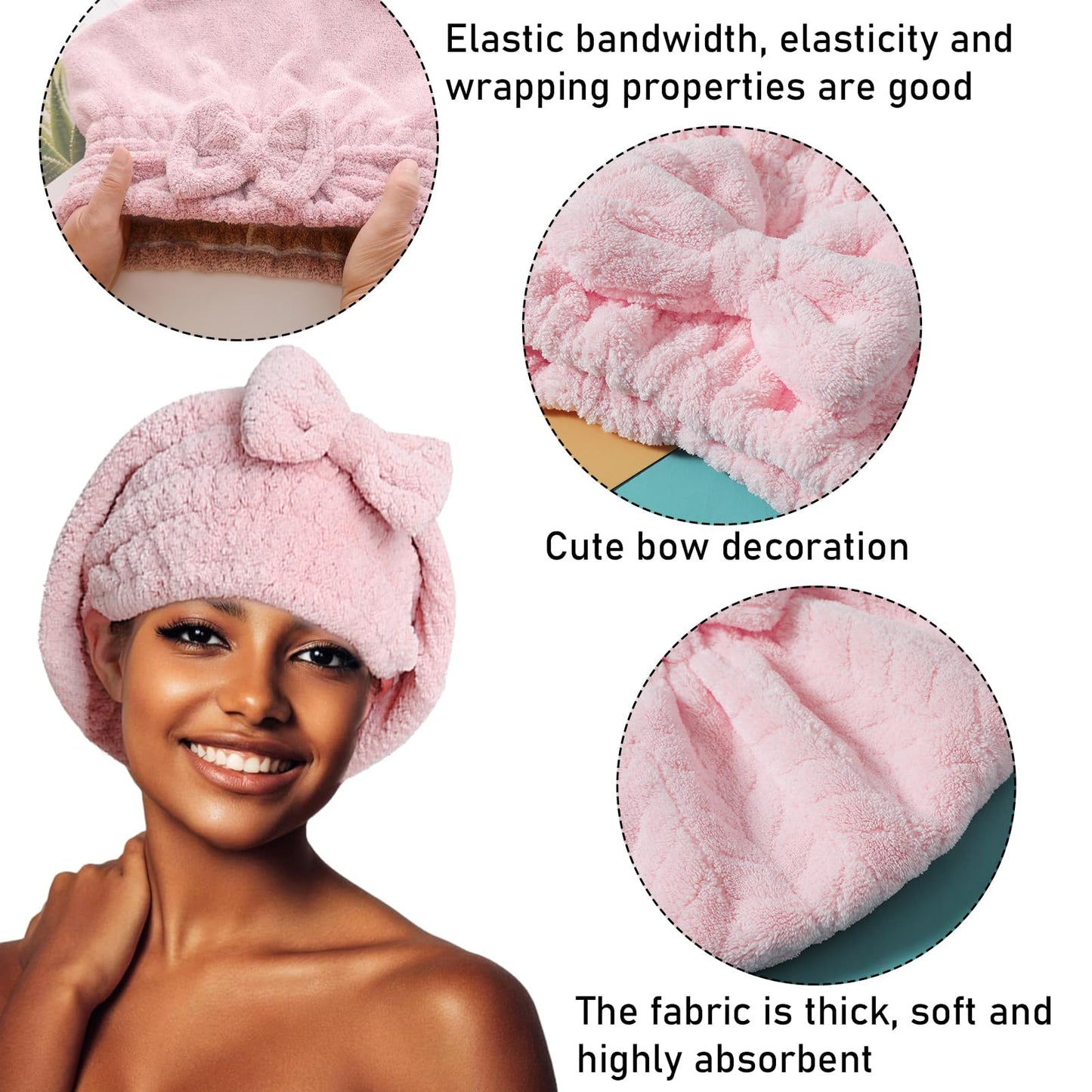 DKDDSSS 3 Pack Microfiber Hair Drying Towels, Hair Drying Cap, With Bow-Knot Shower Cap, Super Absorbent