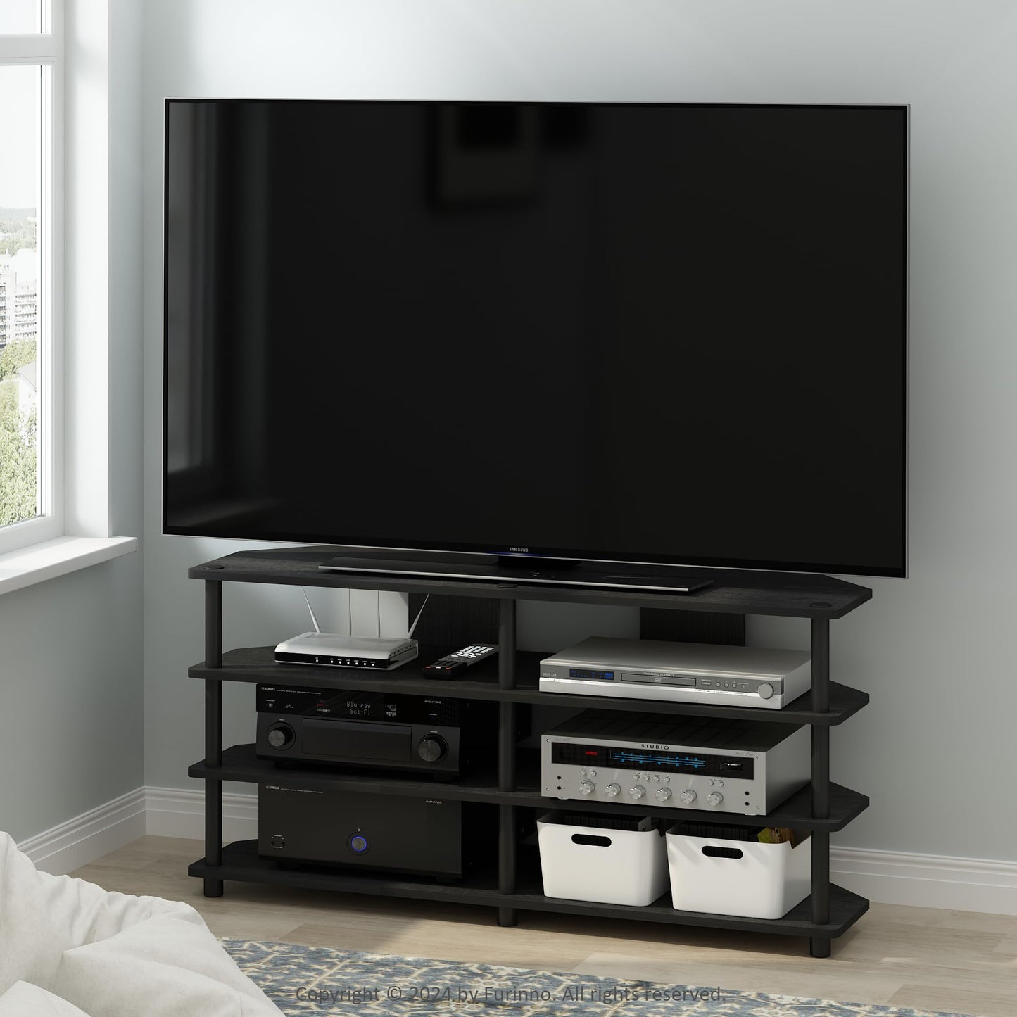 Furinno ECON TV Stand, 4-Tier Corner Entertainment Center, TV Console for TV up to 55 Inch, Easy Assembly, for Living Room, Bedroom, Blackwood