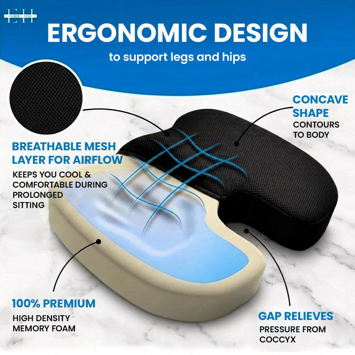 ELIXIR HIVE 2-Piece Orthopaedic Memory Foam Cushion Set – Coccyx & Sciatica Support Black