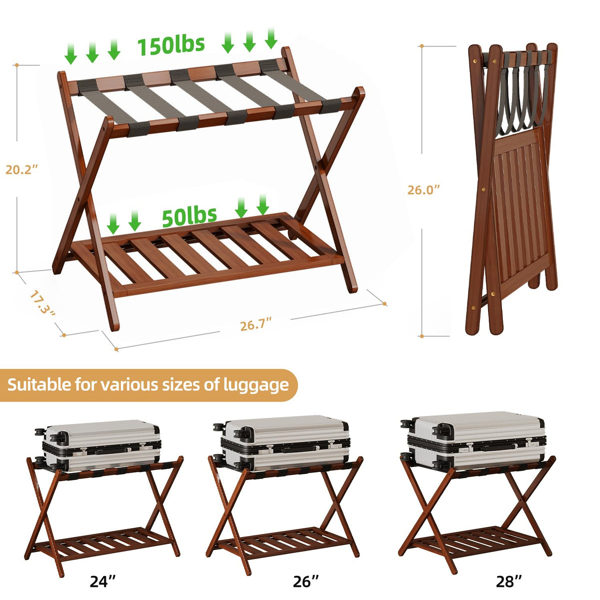 BAMBOOHOMIE Full Assembled Luggage Rack, Bamboo Luggage Holder Rack for Guest Room