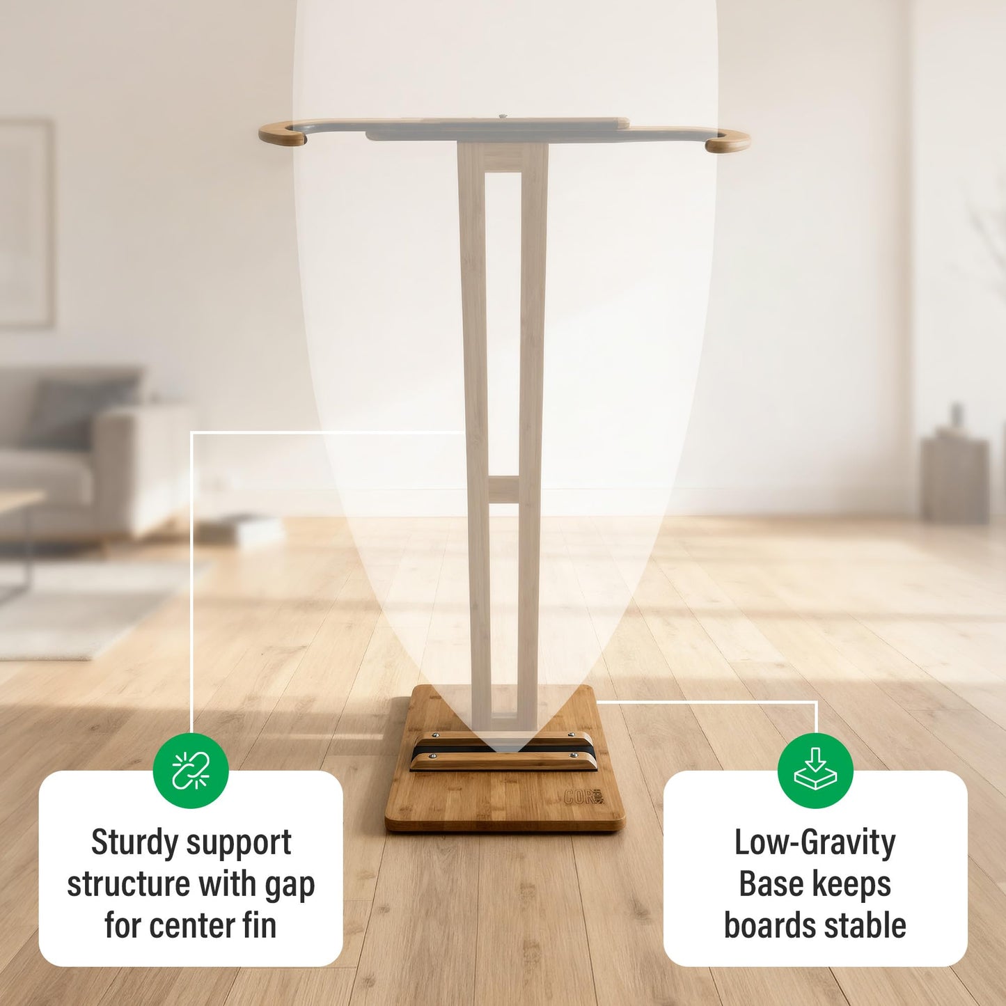COR Surf Bamboo Surfboard Stand | Premium Standing Rack to Display Your Board