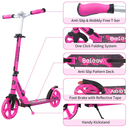 BELEEV V8 Scooters for Kids Ages 6+ with Light-Up Stem & Deck, 2 Wheel Folding Scooter for Adults Teens, 4 Adjustable Height, Lightweight Sport