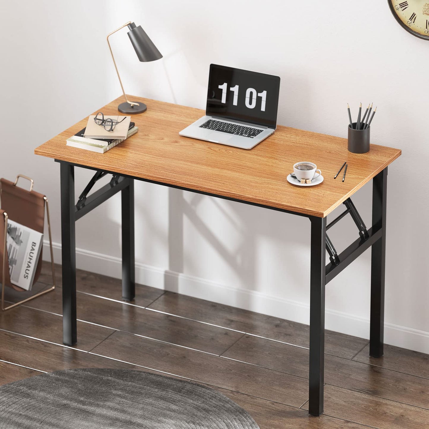 sogesfurniture Folding Table Office Study Writing Desk Workstation Dining Table, No Install Needed, 80x40x75cm, Teak&Black BHEU-LP-AC5YB-8040
