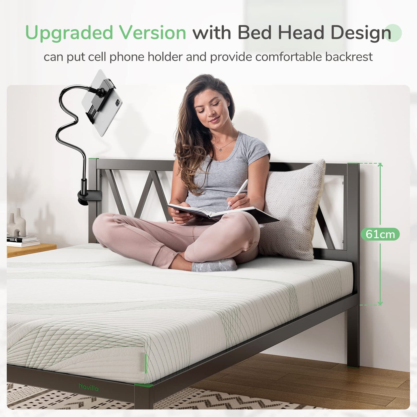 Novilla 30.5cm Metal Bed Frame, 5FT Platform Bed Frame with Headboard, Engineered Wood Slat Support, Solid Support Leg, Easy Assembly