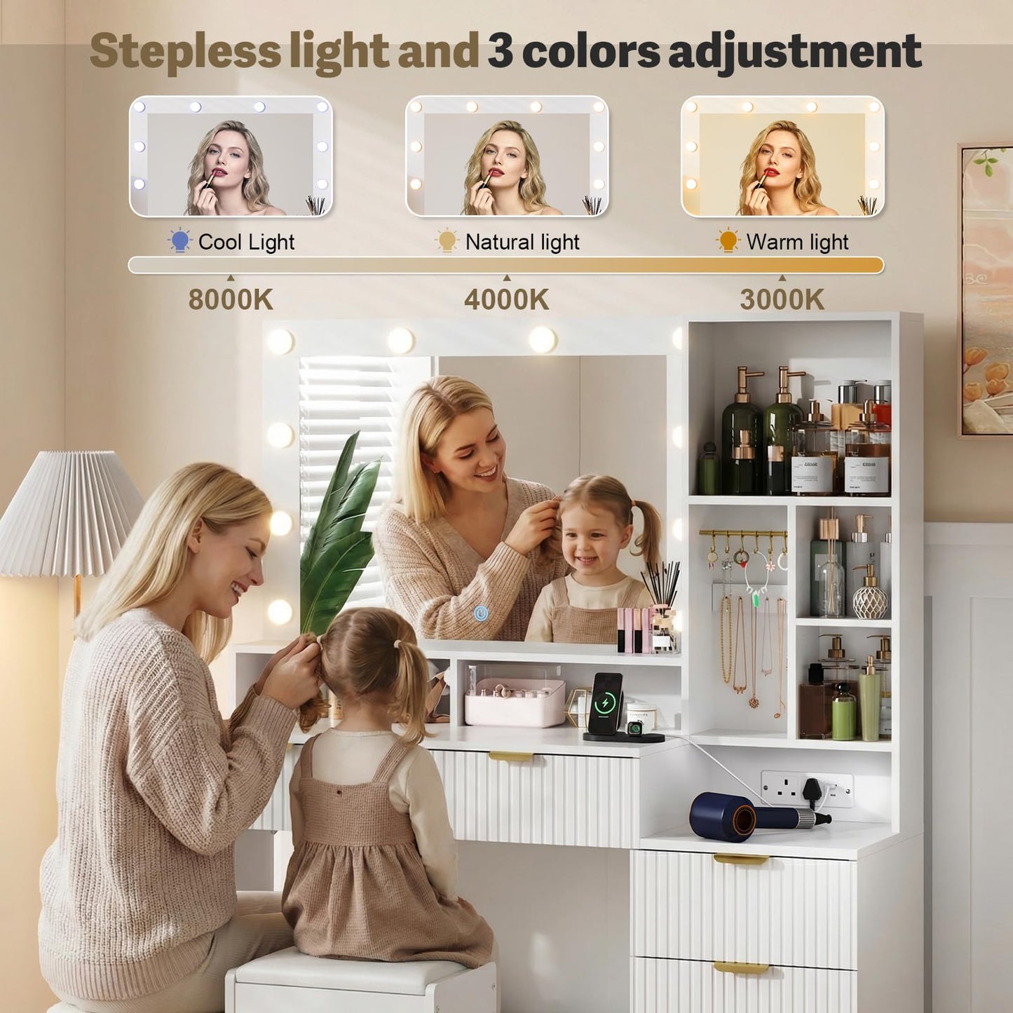 JUMMICO Dressing Table with LED Lights,Vanity Desk with Mirror and 5 Drawers,Modern Makeup Desk with Jewellery Hooks and Power Outlet for Bedroom