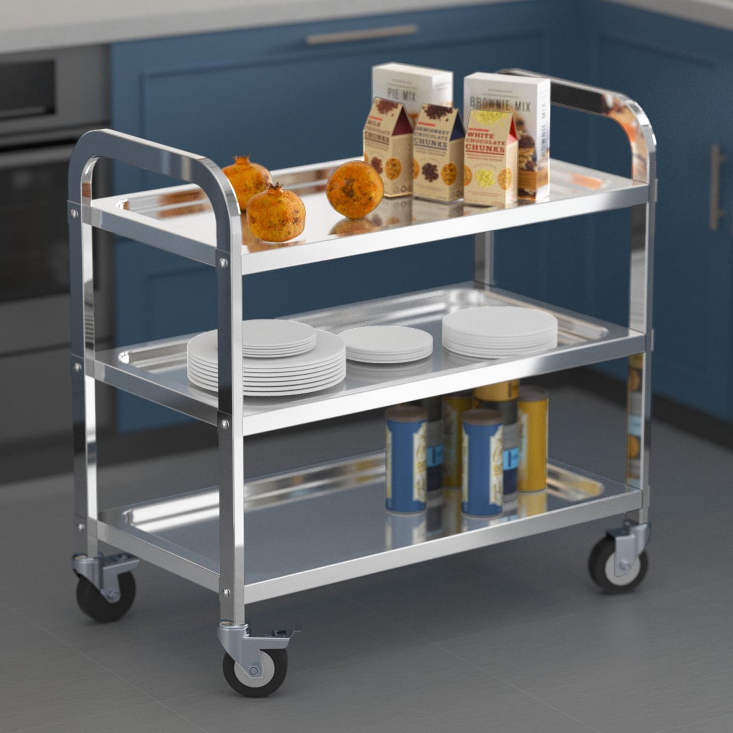 TAIMIKO 3-Tier Stainless Steel Kitchen Trolley Cart Large Serving Trolley