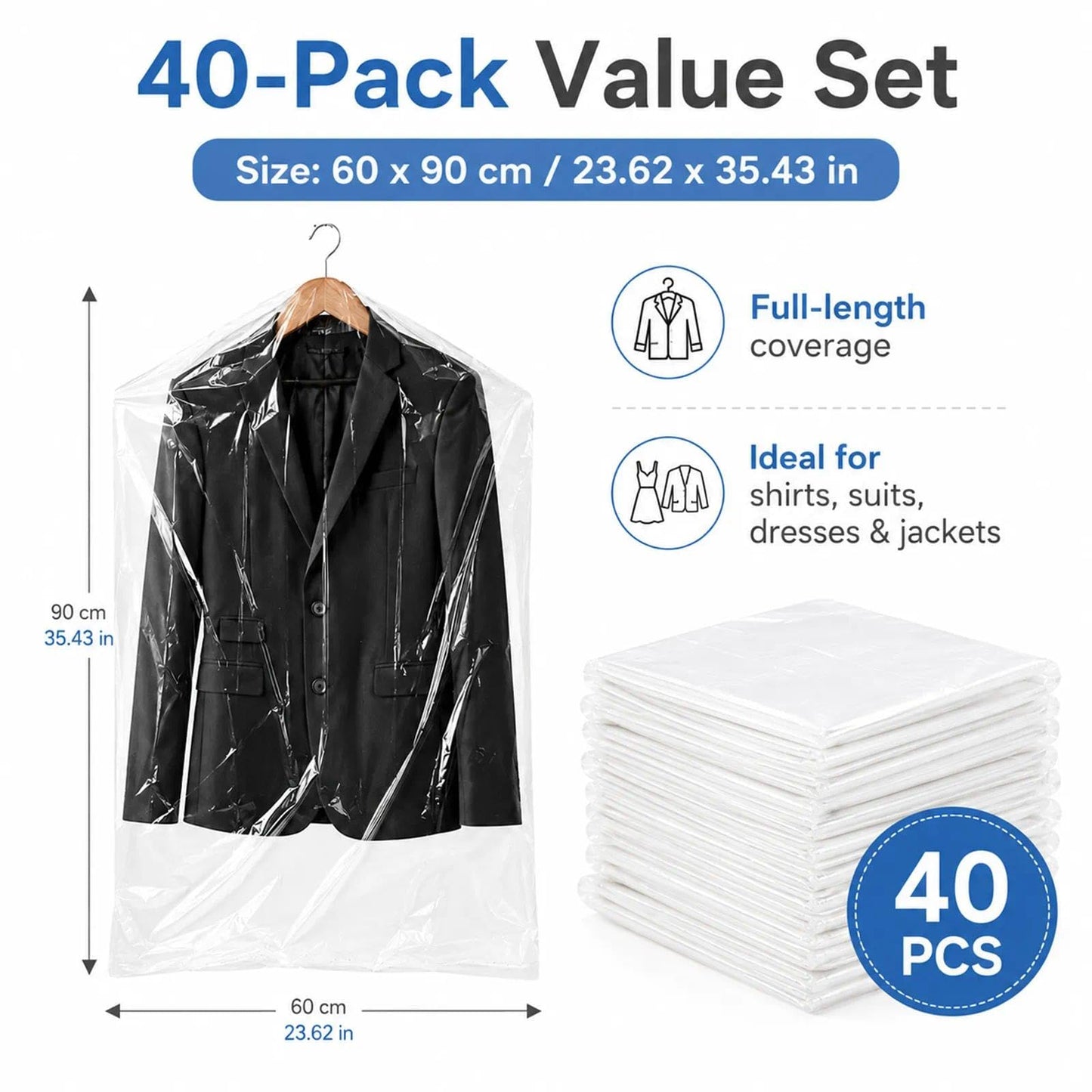 40 Pack Clear Clothes Covers, Plastic Garment Bags 60x90cm