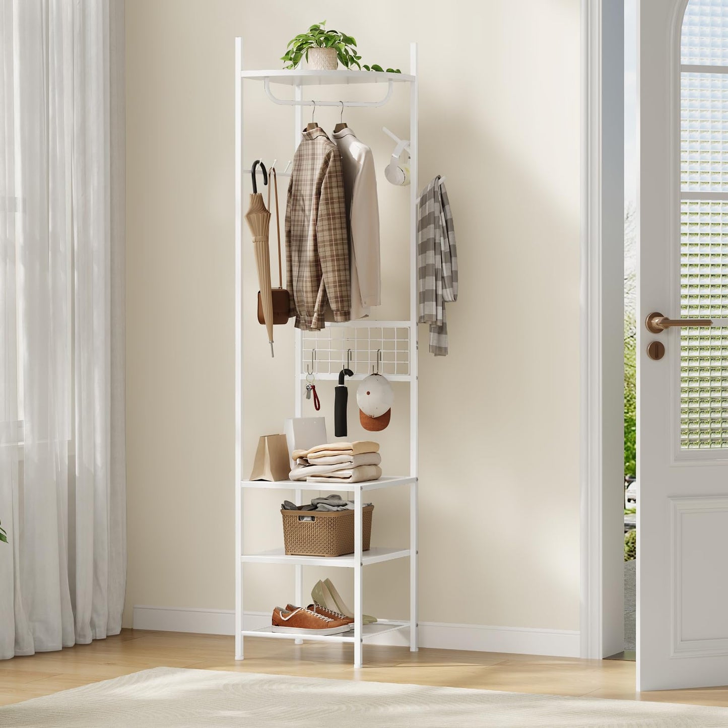 HOOBRO Corner Coat Stand, Coat Stands for Hallway, Freestanding Coat Rack with 5 Hooks and 4 Shelves, Clothes Rail with Hanging Rail, S-Hooks