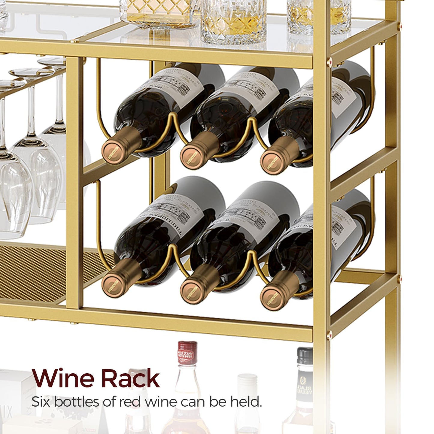 MAHANCRIS Bar Cart for Home, 3-Tier Serving Cart with Wheels and Handle, Beverage Cart with Wine Rack and Glass Holders