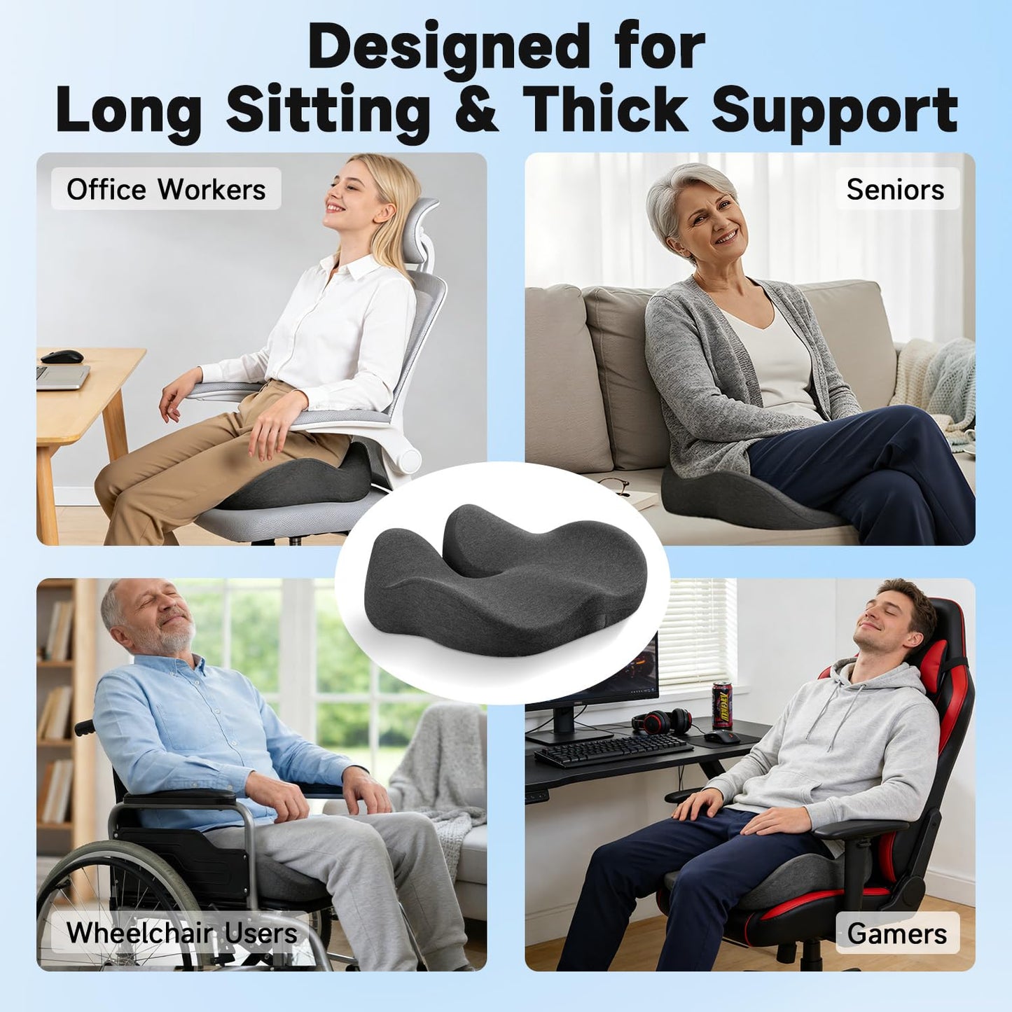 Office Chair Cushion - Large & Supportive Ergonomic Coccyx Seat Cushion for Long Sitting, Memory Foam Seat Cushion with Thick Support