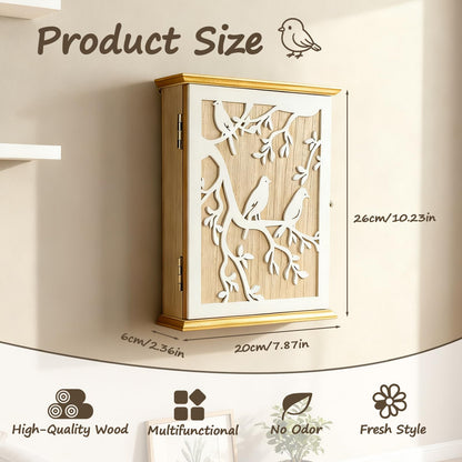 Wooden Key Cabinet, White Bird Wood Key Cupboard Wall Mounted Vintage Wooden Key Storage Box 26 × 20 × 6cm with 6 Hooks Can Store Jewelry and Small