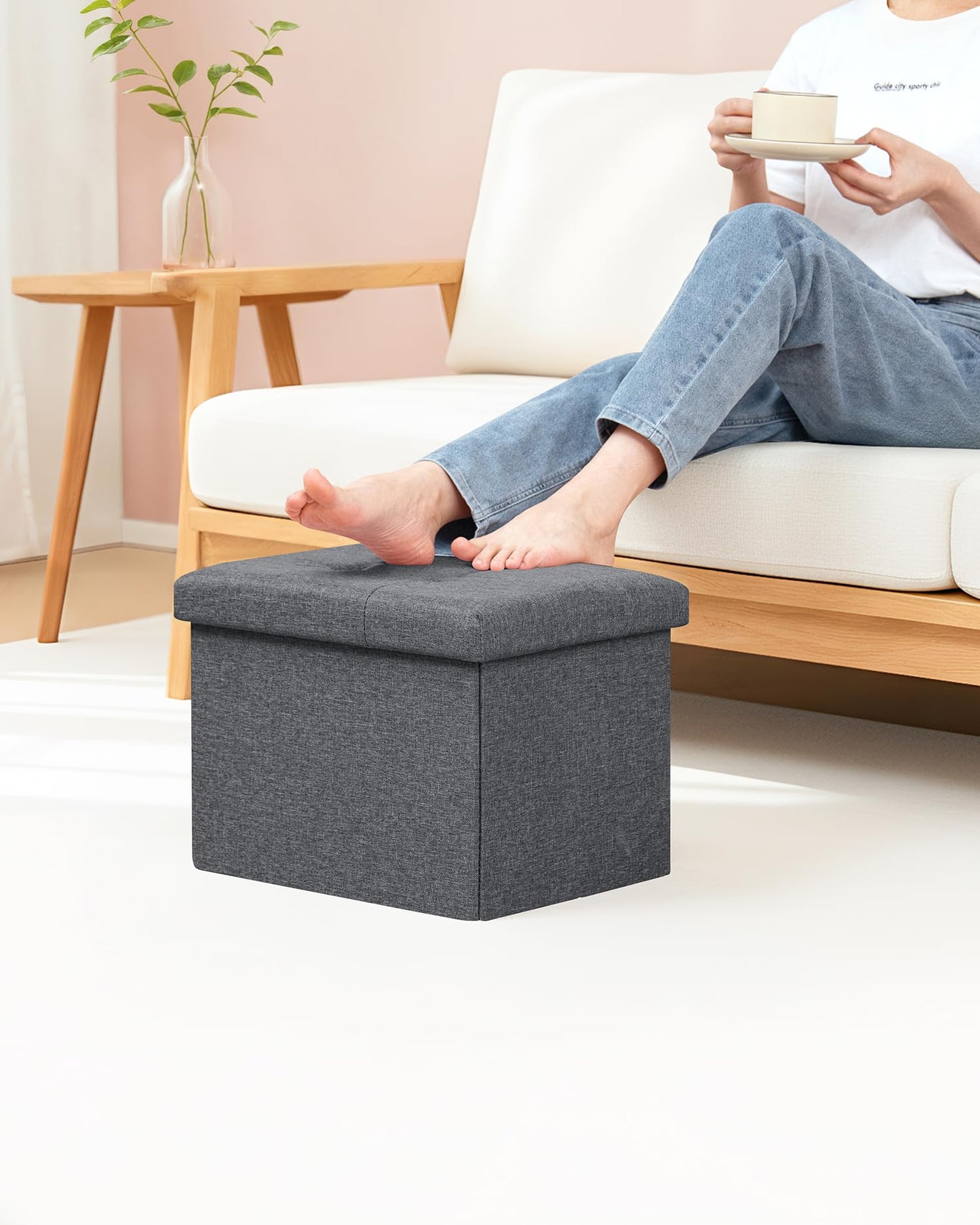 Bonlife Storage Ottoman, Folding Small Foot Rest,Toy Chest Storage Footrest Seat, Footstool for Living Room, Bedroom, Dorm, Fabric,Grey,42x32x32cm