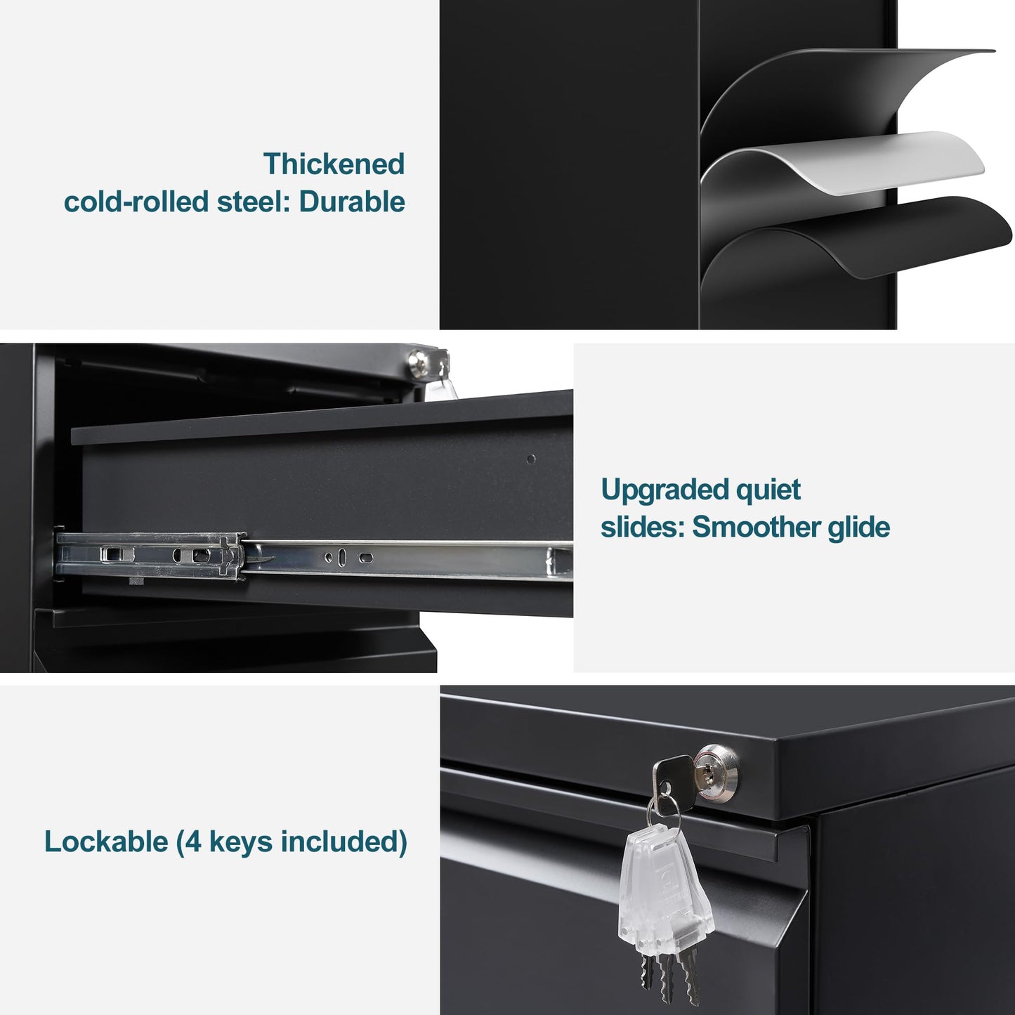 LVSTEEL Mobile Filing Cabinet, Under Desk 3-Drawer Lockable Cabinet with Wheels, Filing Cabinets for Home Office, Pre-Assembled, Black