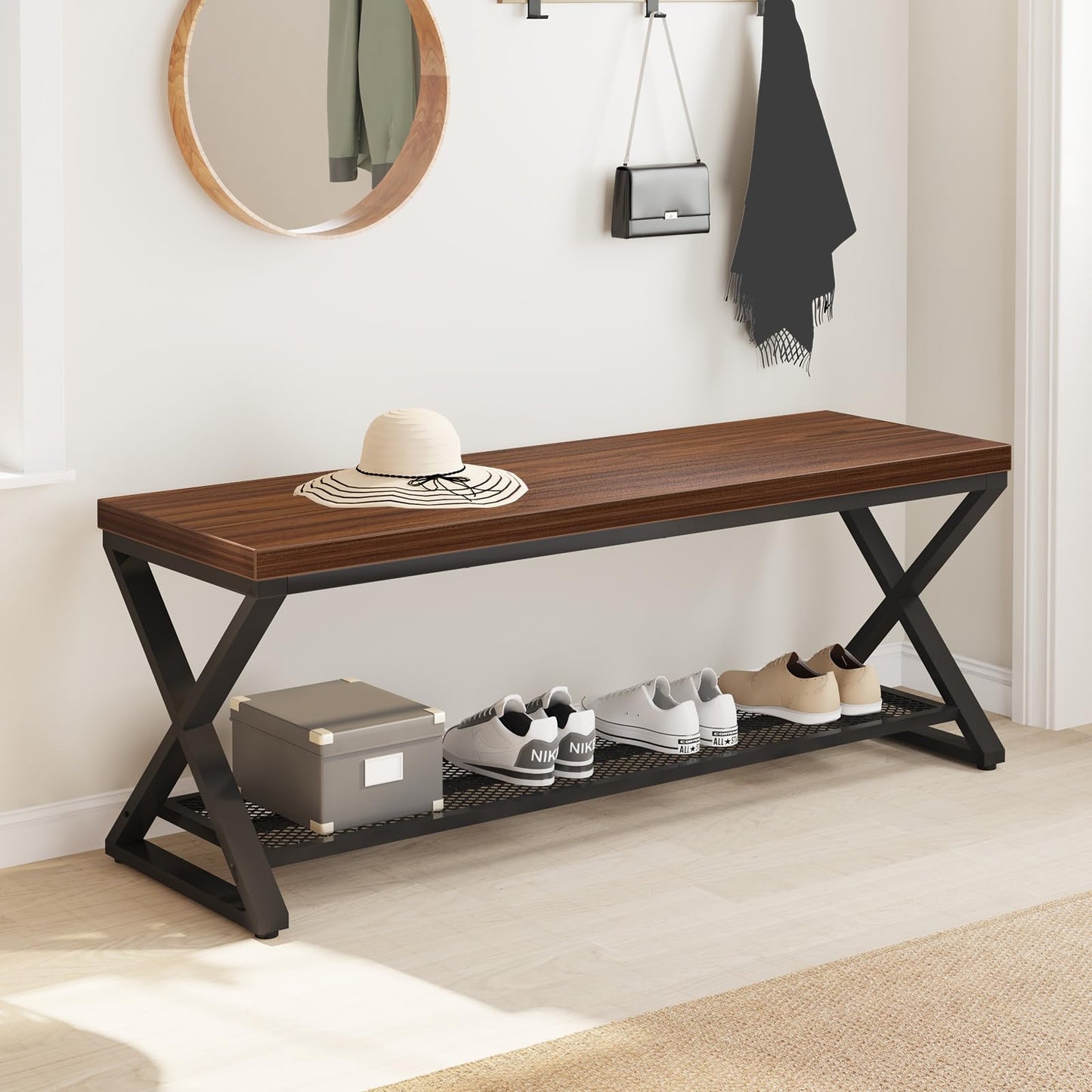 LVB Entryway Shoe Rack with Storage, Wood and Metal Indoor Bench for Entrance, Long Wooden Hallway Bench with Seating for Living Room