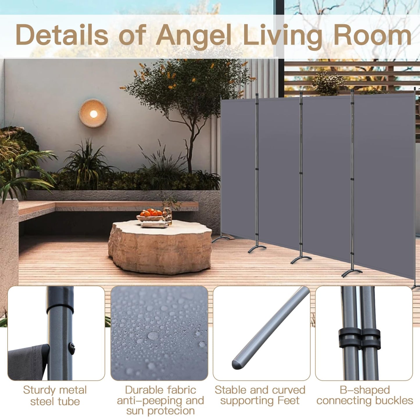 Angel Living 4 Panels Folding Room Divider | Privacy Screen with Polyester Fabric & Sturdy Iron Frame | Freestanding Partition for Office, Bedroom