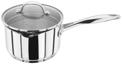 Stellar Profile Stainless Steel Draining Saucepan with Glass Lid 16cm 1.6L, Induction Ready, Oven Safe, Dishwasher Safe