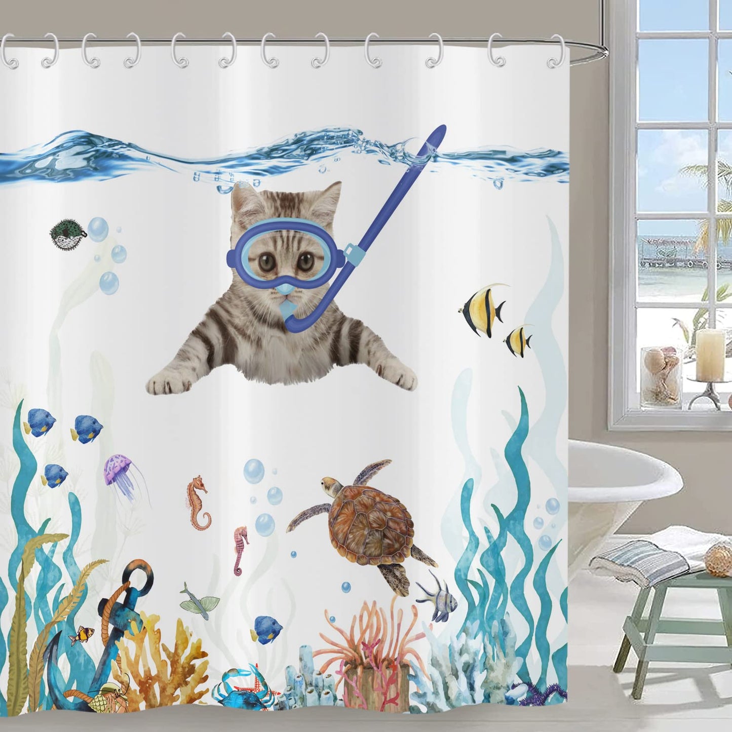 Hnmdmyi Funny Cat Shower Curtain 180x200, Cute Kitten Swimming in Teal Blue Ocean Bathroom Curtains Sea Turtle Tropical Fish Jellyfish Starfish Coral