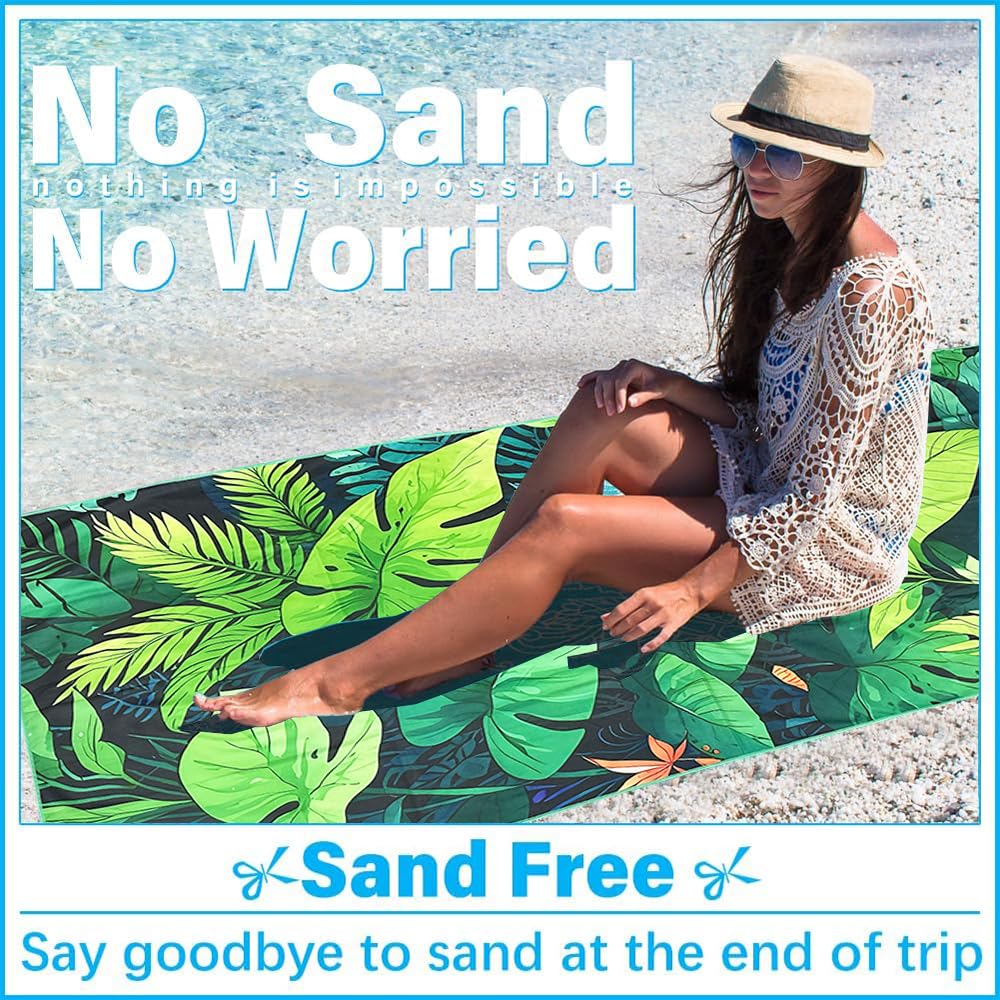 JAODFK 2 Pcs Microfibre Beach Towel 71"X32" Quick Dry Lightweight Sand Free Extra Large Thin Green Leaves Towels Travel Essentials For Adults Womens