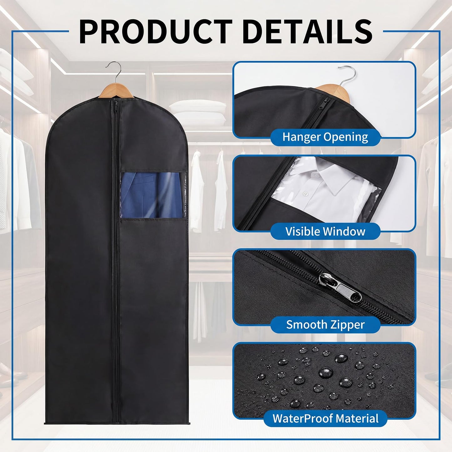 Xivicii 10Pcs Suit Bags for Men, Foldable Suite Covers, Waterproof Garment Protectors with Clear Window for Clothes Coats (60 * 100cm)