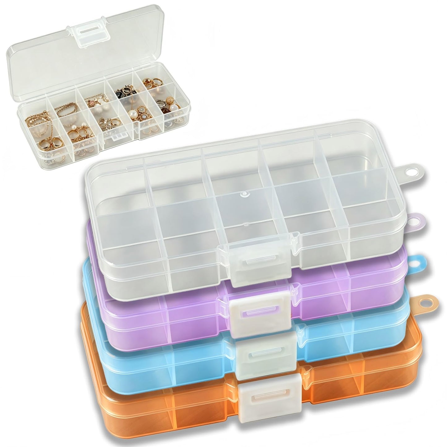 YCZARD 4Pcs Small Jewelry Storage Box 10 Grids Clear Plastic Compartments Bead Storage Box, Jewelry Organizer Bead Organizer Case Size 12.5x6.2x2.2cm