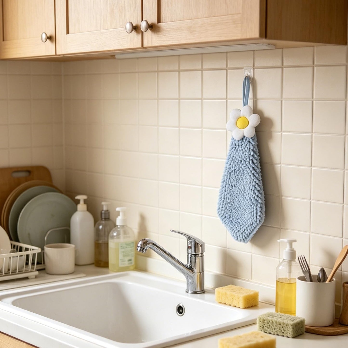Chenille Hand Drying Towel with Hanging Loop,Daisy Design Lovely Fingertip Towel for Kids Adults