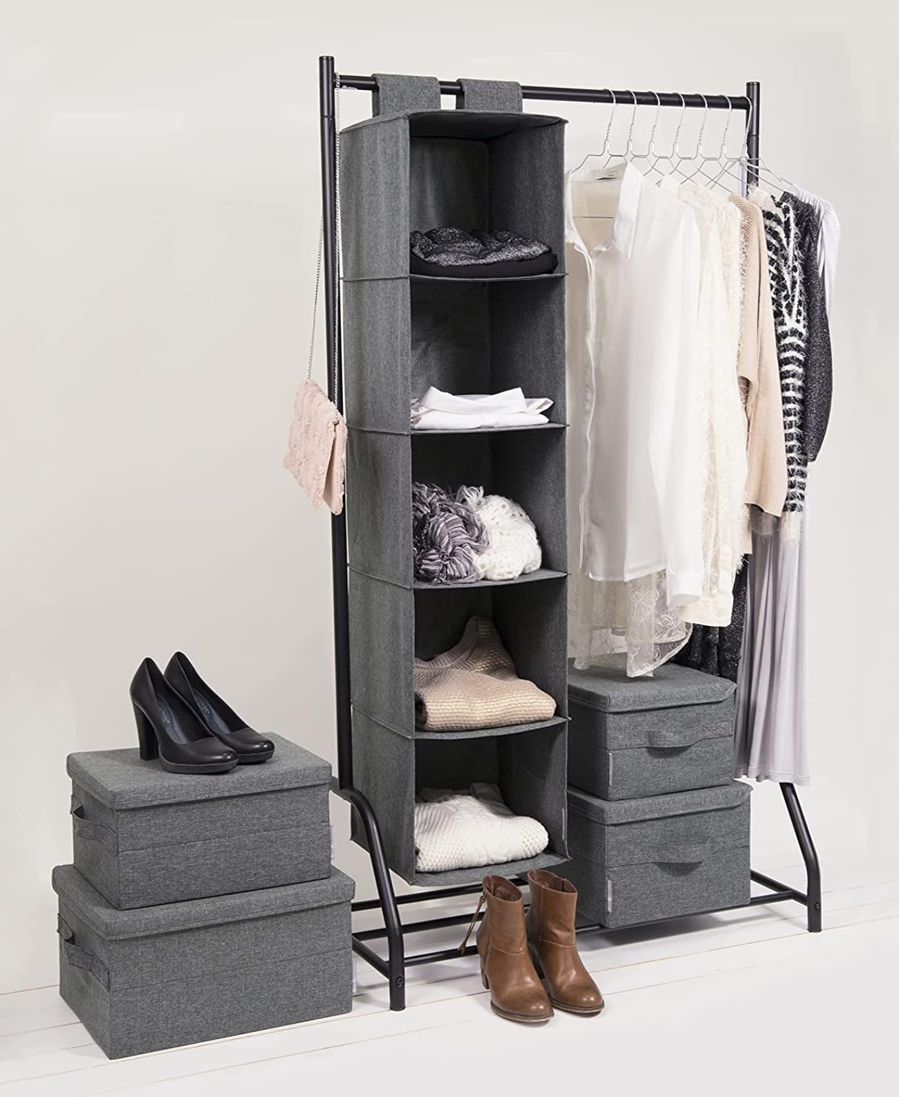 Bigso Box of Sweden Hanging Storage Organiser with 5 Large Storage Compartments - Hanging Storage for Wardrobe with Velcro Fastening