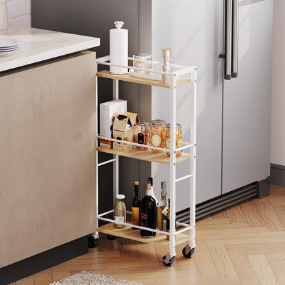 MAHANCRIS 3-Tier Slim Rolling Cart, Mobile Utility Cart on Wheels, Narrow Shelving Unit for Small Space, Wooden Kitchen Storage Rack, for Bathroom,