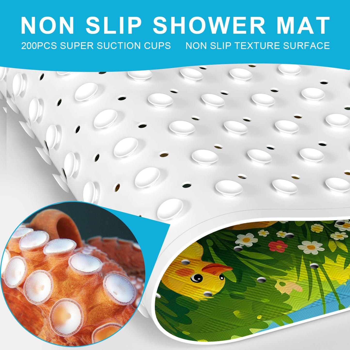 XIYUNTE Baby Bath Mats Non Slip Anti Mould, Cartoon Kids Bath Mat Non Slip, 100x40cm Extra Large Baby Shower Bath Mat with Suction Cups & Drain Holes