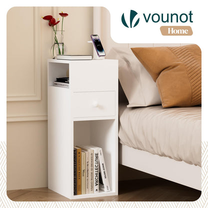VOUNOT® Slim Bedside Table Set of 2, Narrow Wood Bedside Cabinet with Drawer and Open Shelf, Small Bedside Unit, Thin Nightstand for Bedroom