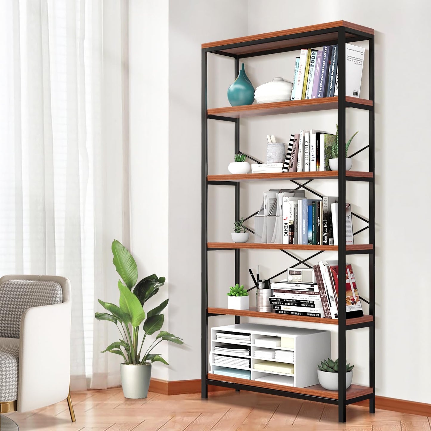 Himimi 5 Tier Industrial Bookshelf, Vintage Standing Storage Shelf, Display Shelving Units, Tall Bookcase