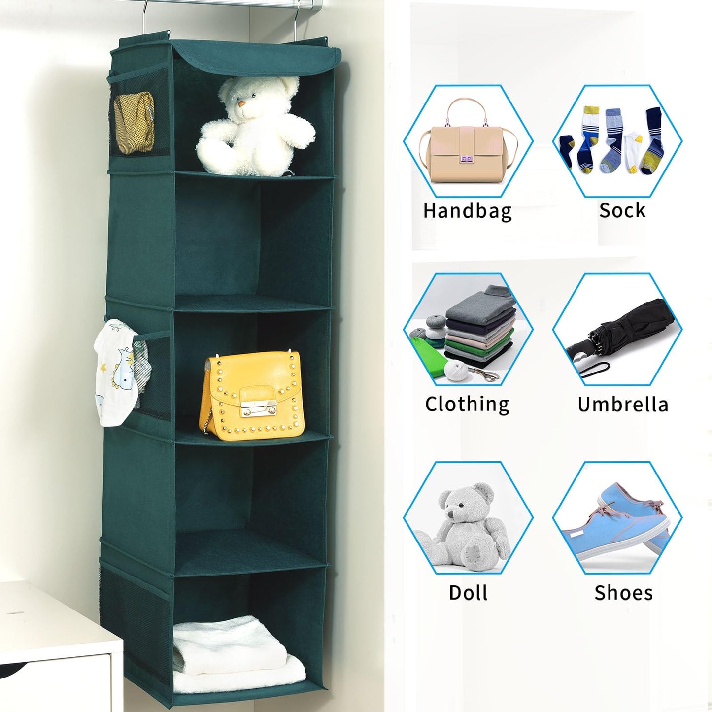 BrilliantJo Hanging Wardrobe Closet Organiser Storage with 5 Shelves, Storage hanging Shelves Unit with 6 Pockets for Clothes