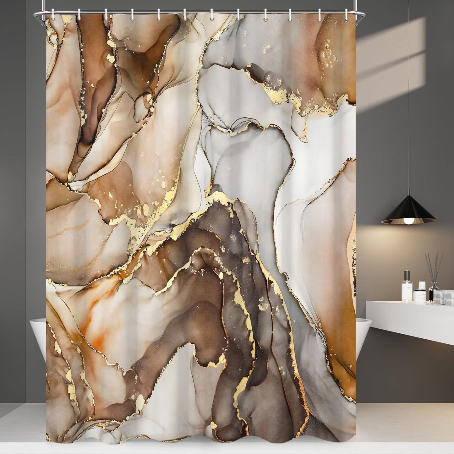 GCIREC Shower Curtain, 180x200cm, Brown Ombre Modern Abstract Art Marble Waterproof Fabric Machine Washable Bathroom Curtain with Hooks